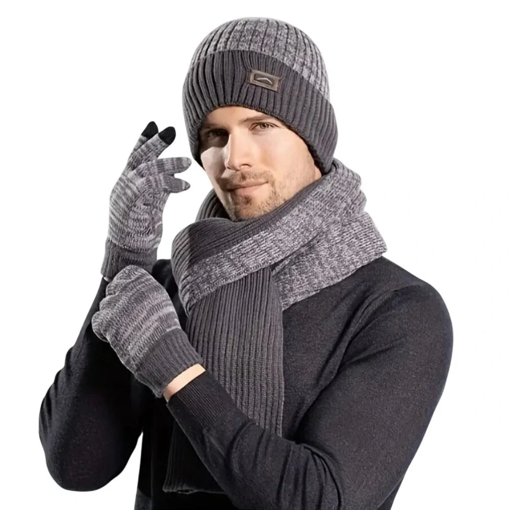 Unisex Winter Cozy‎ GRAY 3pc Set Long Scarf Touchscreen Gloves Beanie Hat Cap